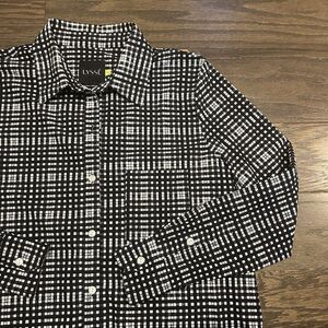 Lysse Button Down Shirt Womens Schiffer Soft Stretch Medium Black White Plaid